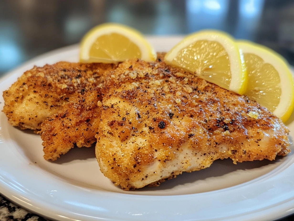 A plate of tender, golden-brown chicken breasts seasoned with lemon zest and cracked black pepper, served with fresh herbs and citrus slices.