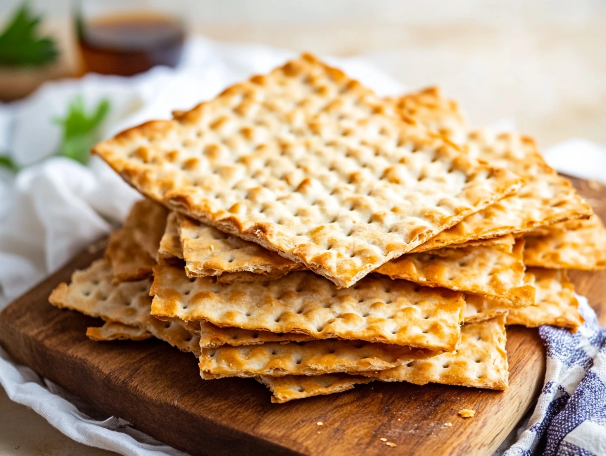 A baking sheet lined with crisp matzo squares coated in a rich caramel layer, topped with melted chocolate and sprinkled with chopped nuts.