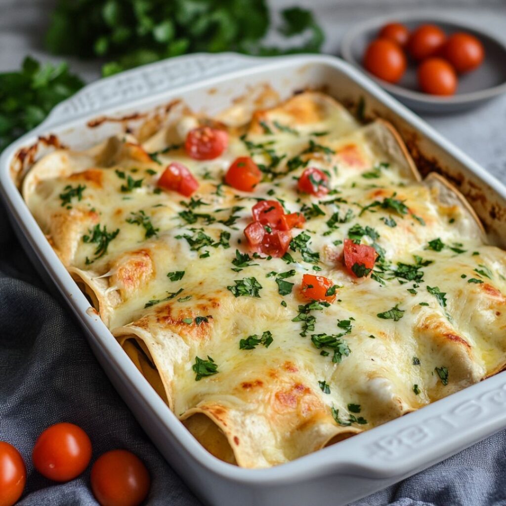 A plate of Creamy White Sauce Chicken Enchiladas, topped with melted cheese and served with a side of rice.