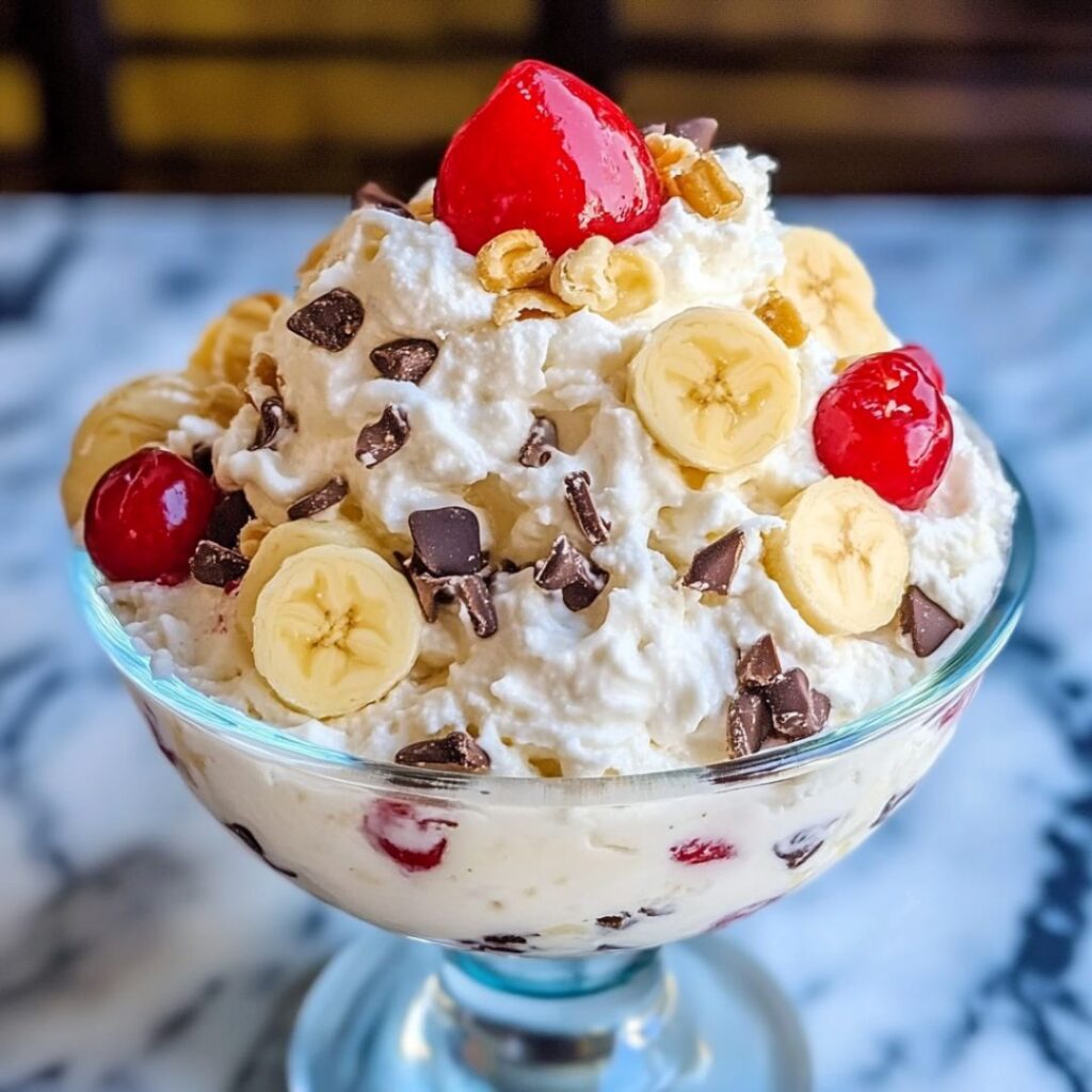 A delightful no-bake banana split fluff dessert, garnished with cherries, crushed pineapple, and chocolate syrup, served in a clear glass bowl.
