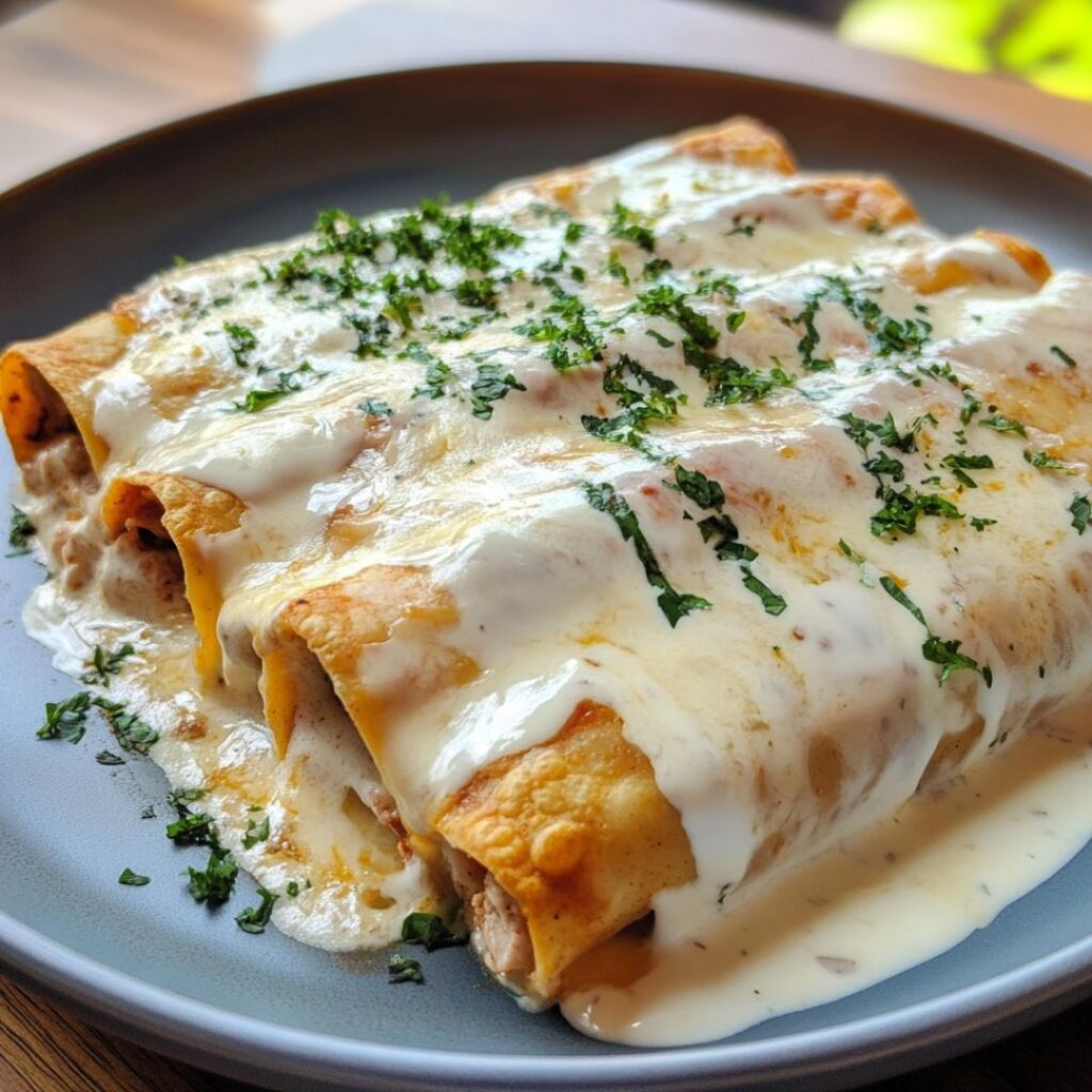 A plate of Creamy White Sauce Chicken Enchiladas, topped with melted cheese and served with a side of rice.