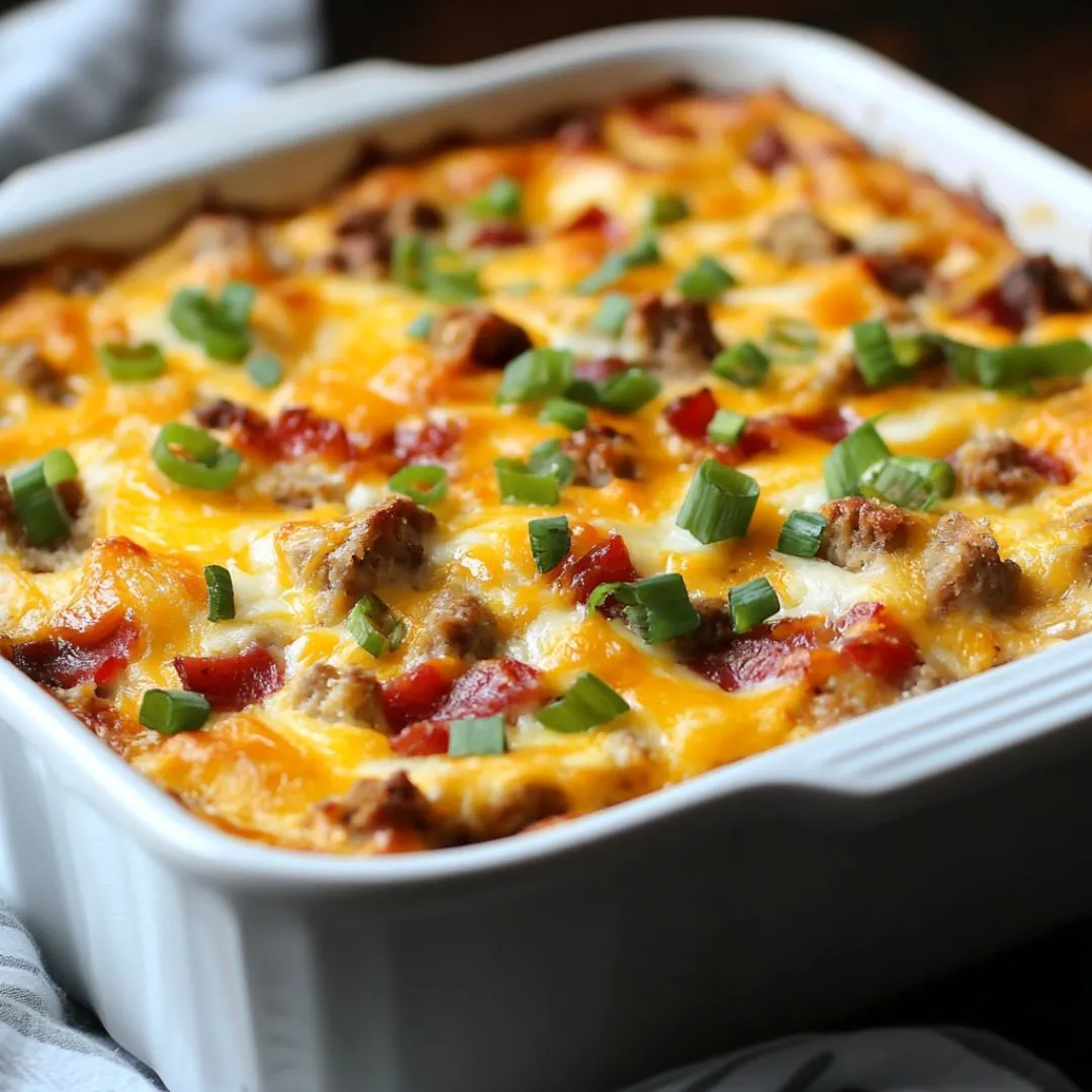 Freshly baked breakfast casserole with hashbrowns, bacon, eggs, and cheddar cheese.