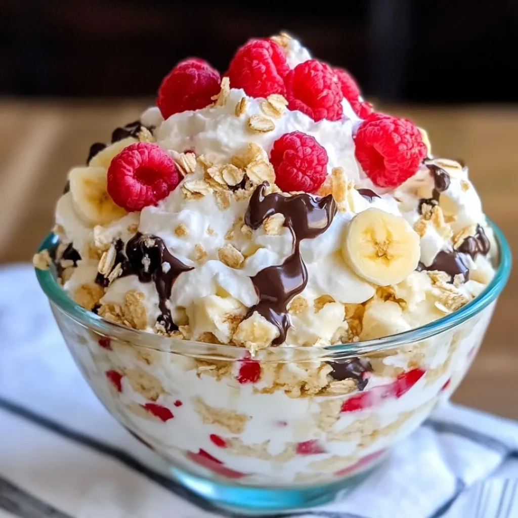 A colorful bowl of banana split fluff dessert topped with cherries, chocolate drizzle, and nuts.