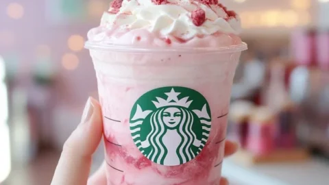 A Raspberry Rose Delight Frappuccino topped with whipped cream, edible rose petals, and freeze-dried raspberries in a clear glass.