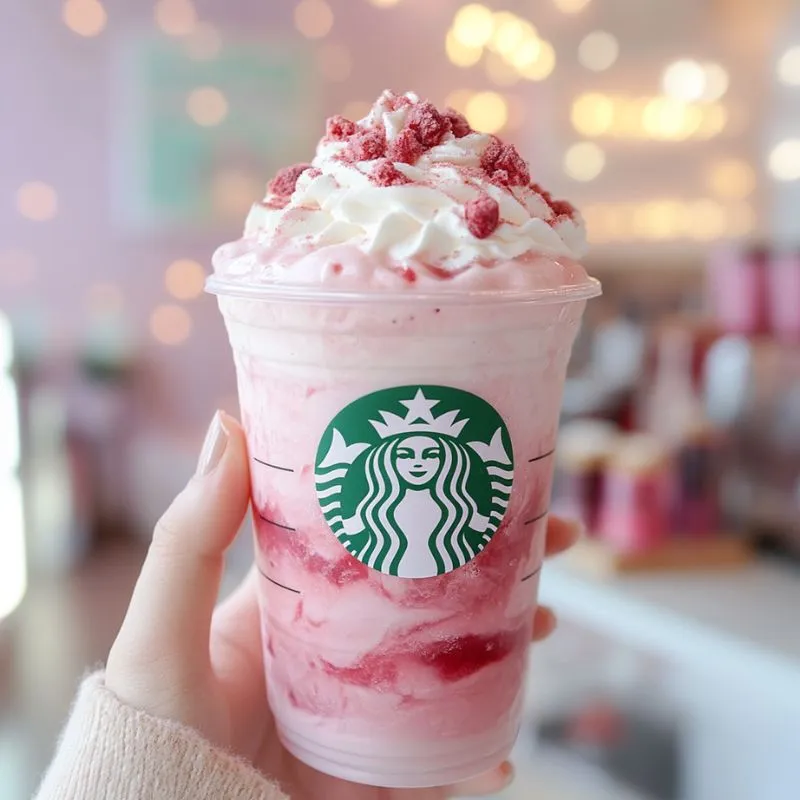 A Raspberry Rose Delight Frappuccino topped with whipped cream, edible rose petals, and freeze-dried raspberries in a clear glass.