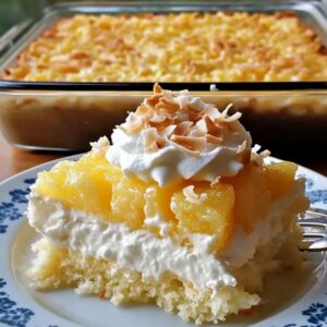Tropical pineapple coconut cake with creamy topping