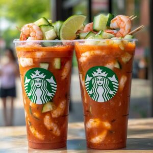Mexican shrimp cocktail drink in glass with Tajín rim