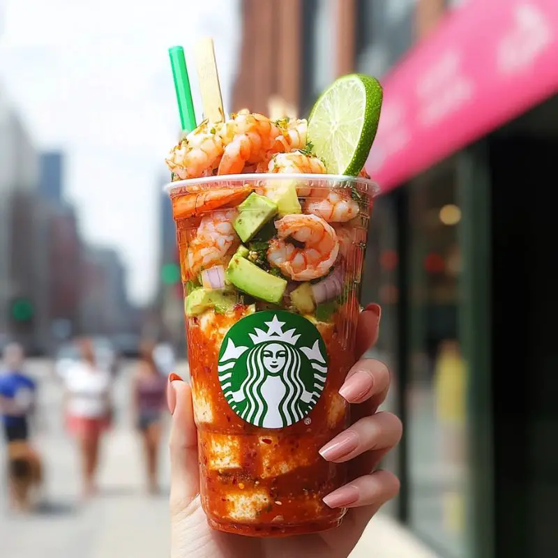 Mexican shrimp cocktail drink in glass with Tajín rim