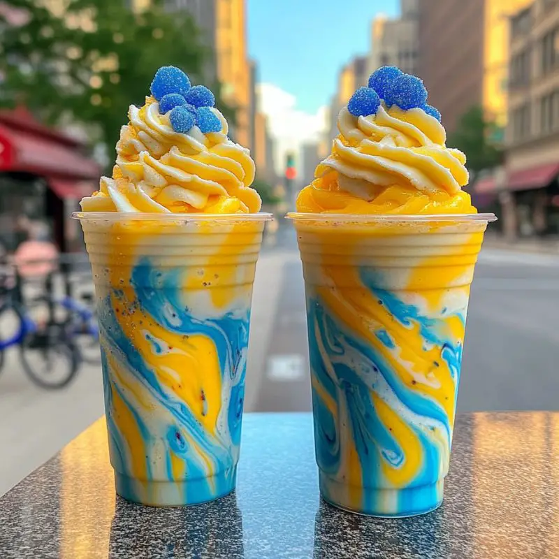 Mango blue raspberry layered frappuccino with whipped cream