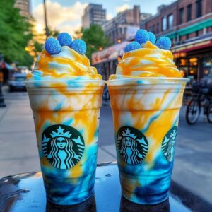 Mango blue raspberry layered frappuccino with whipped cream