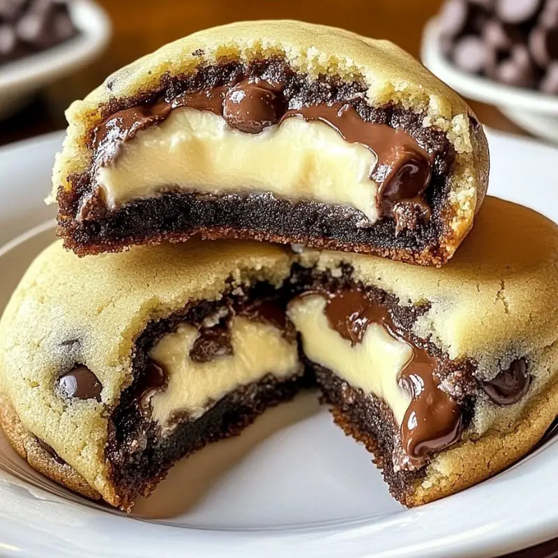 Cheesecake stuffed chocolate chip cookies on cooling rack