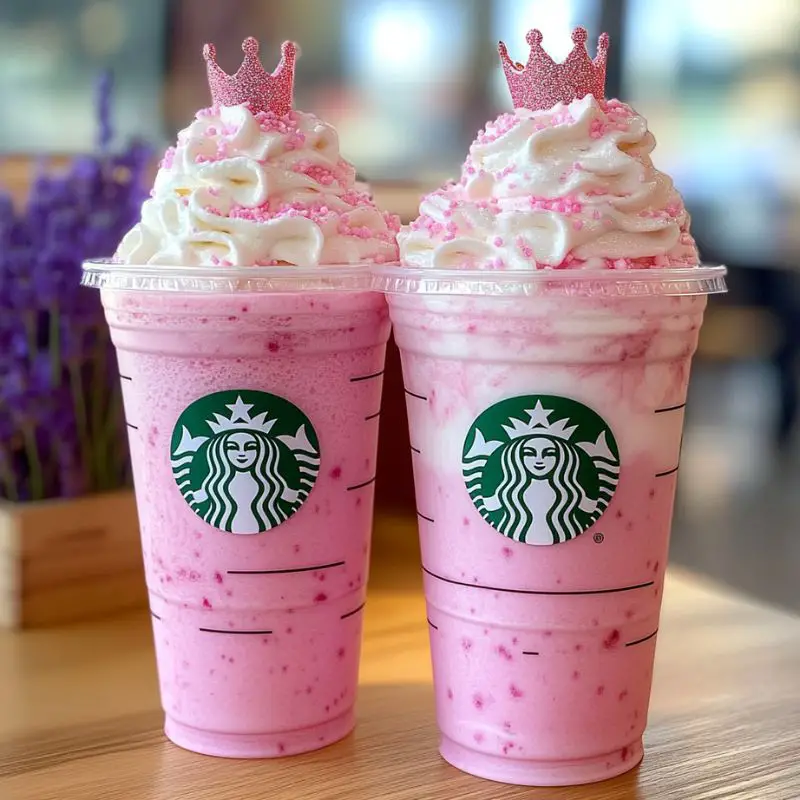 Pink princess frappuccino with whipped cream and sprinkles