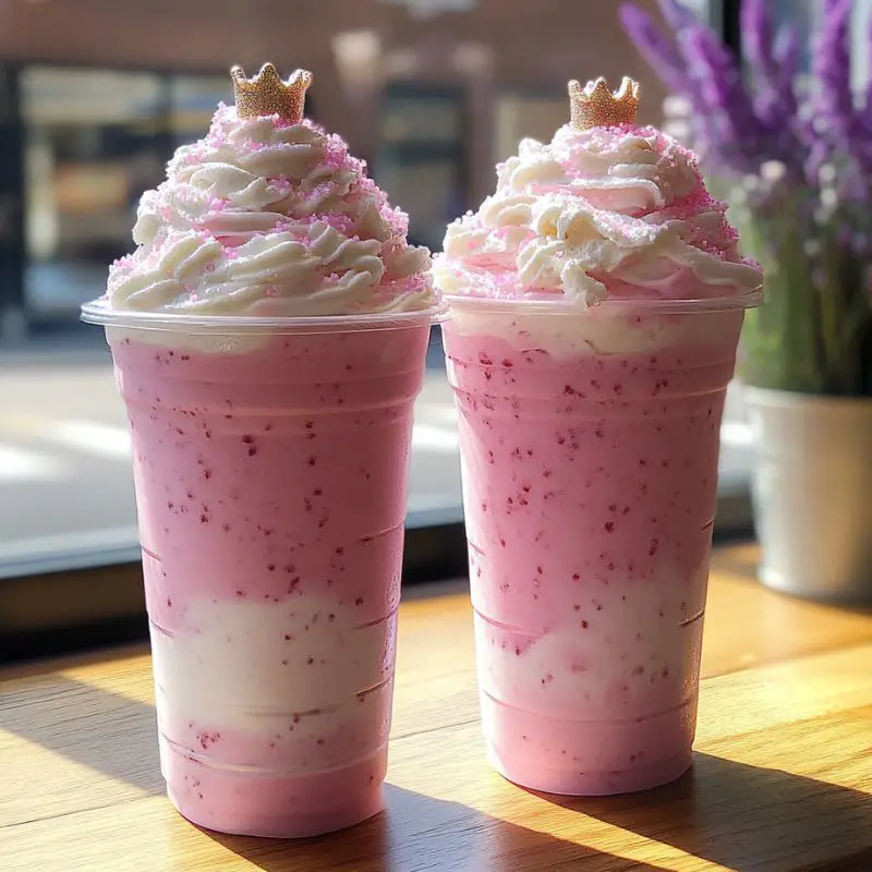 Pink princess frappuccino with whipped cream and sprinkles