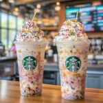 Birthday cake frappuccino with whipped cream and sprinkles