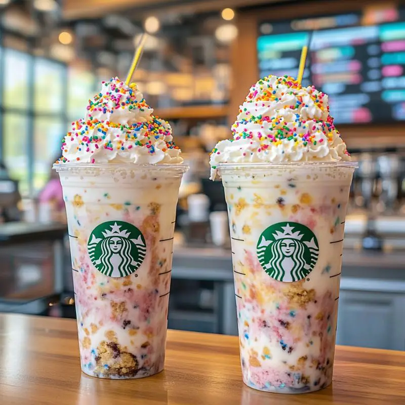 Birthday cake frappuccino with whipped cream and sprinkles
