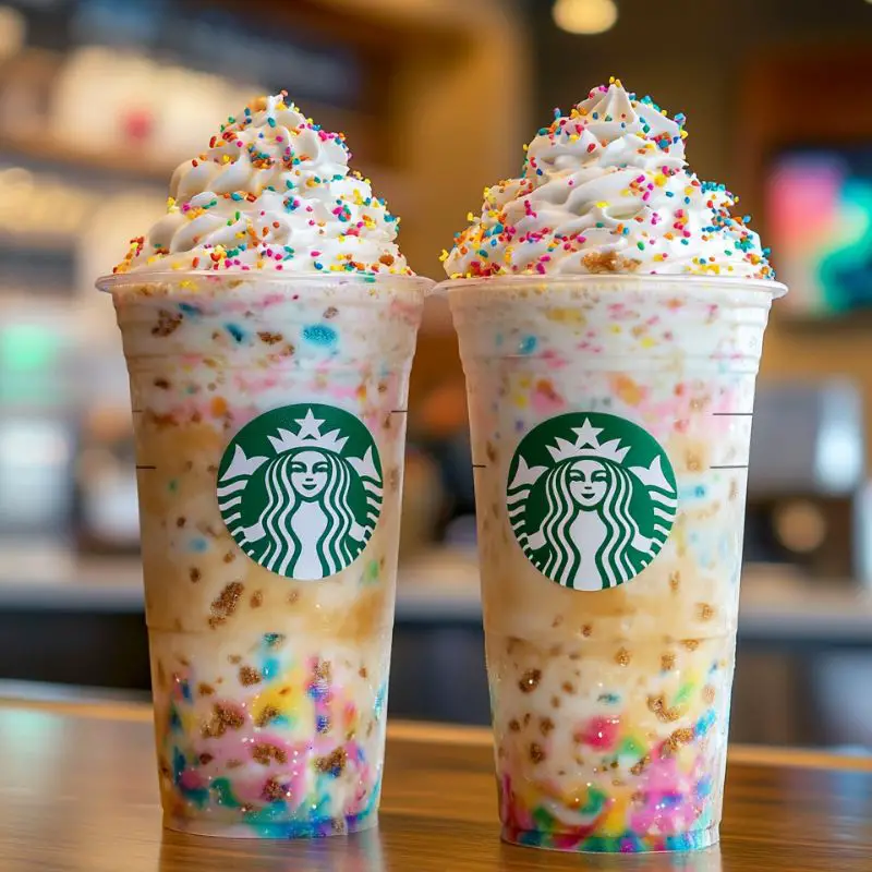 Birthday cake frappuccino with whipped cream and sprinkles