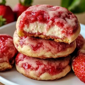 Strawberry cheesecake cookies on cooling rack