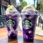 Banana blueberry frappuccino with whipped cream topping