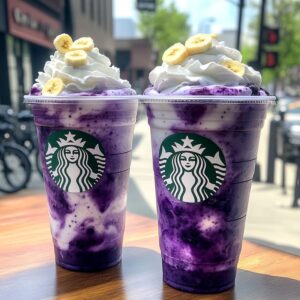 Banana blueberry frappuccino with whipped cream topping
