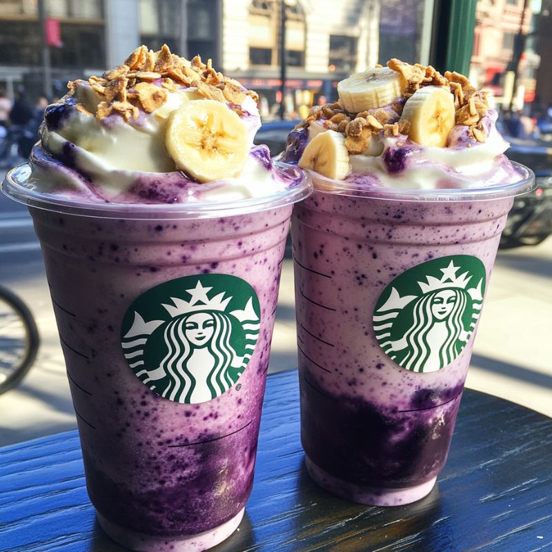 Banana blueberry frappuccino with whipped cream topping

