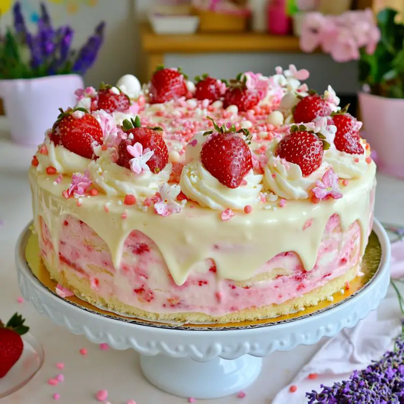 White chocolate strawberry swirl cake on cake stand