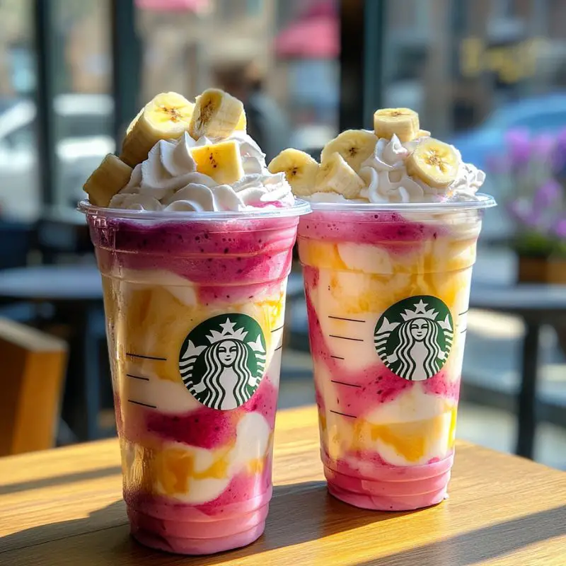 Pink dragon fruit banana frappuccino with whipped cream