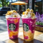 Pink dragon fruit banana frappuccino with whipped cream