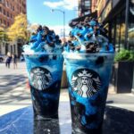 Blue cookies and cream frappuccino with whipped topping