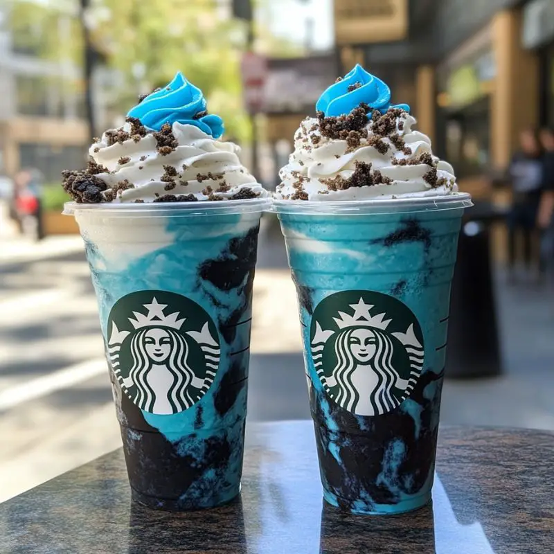 Blue cookies and cream frappuccino with whipped topping