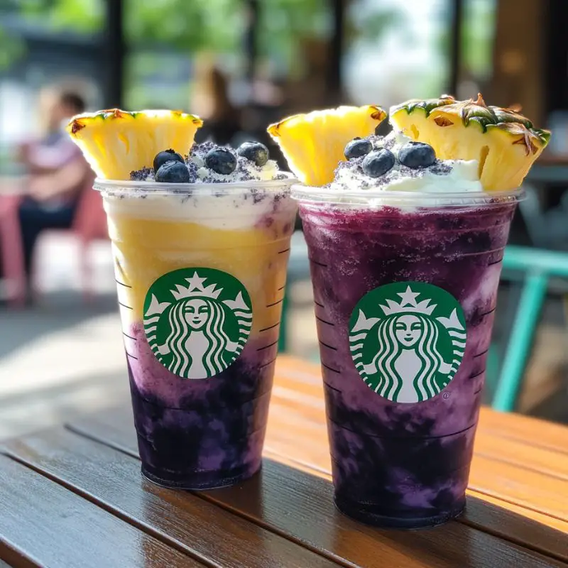 Blueberry pineapple swirl frappuccino with whipped cream