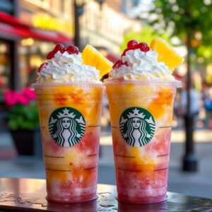 Malibu Sunset Frappuccino in a glass with whipped cream and cherry garnish