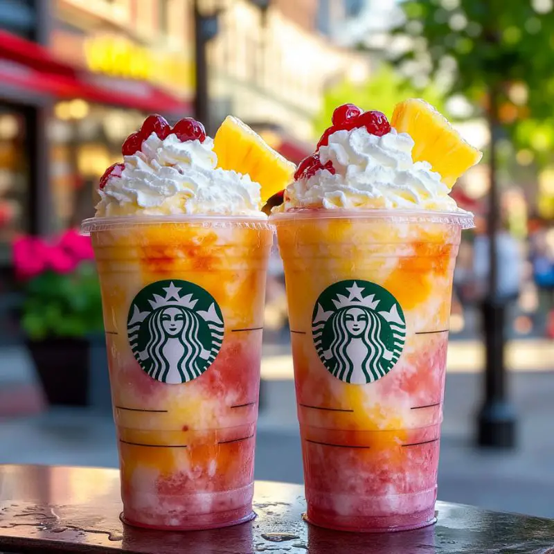 Malibu Sunset Frappuccino in a glass with whipped cream and cherry garnish

