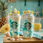 Ocean Love Colada Frappuccino with whipped cream and blue sugar garnish