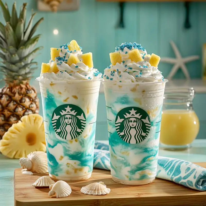 Ocean Love Colada Frappuccino with whipped cream and blue sugar garnish