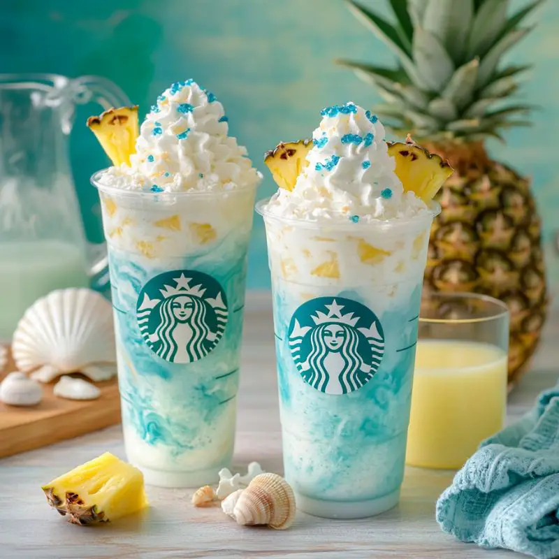 Ocean Love Colada Frappuccino with whipped cream and blue sugar garnish