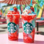 Layered strawberry and blue Hawaiian frappuccino with whipped cream