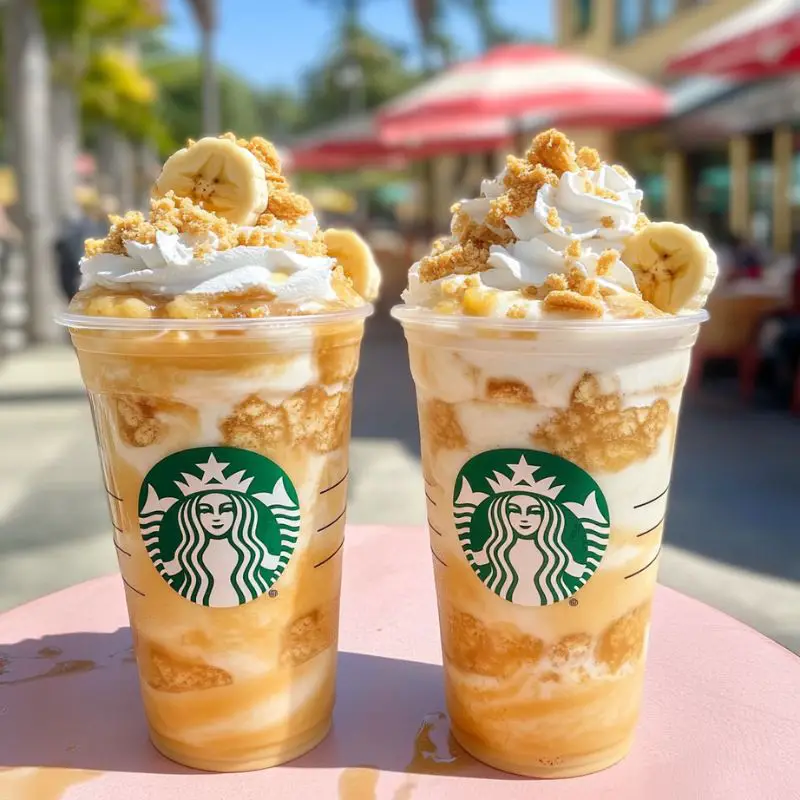 Creamy banana pudding cheesecake frappuccino with whipped cream and vanilla wafers
