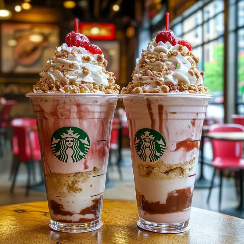 Pink Barbie banana split cheesecake frappuccino with whipped cream and sprinkles
