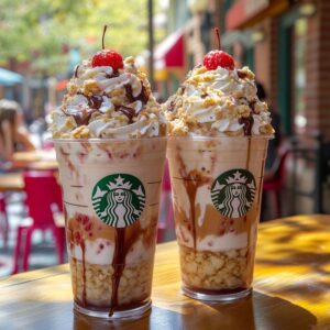 Pink Barbie banana split cheesecake frappuccino with whipped cream and sprinkles