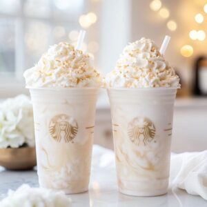 Creamy heavenly vanilla cloud frappuccino with whipped cream and white chocolate drizzle