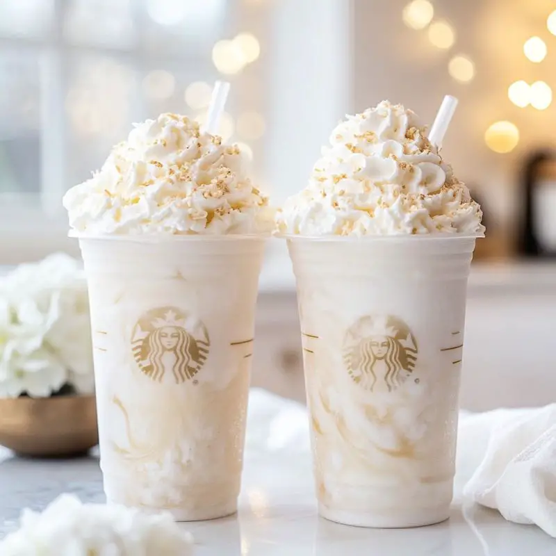Creamy heavenly vanilla cloud frappuccino with whipped cream and white chocolate drizzle