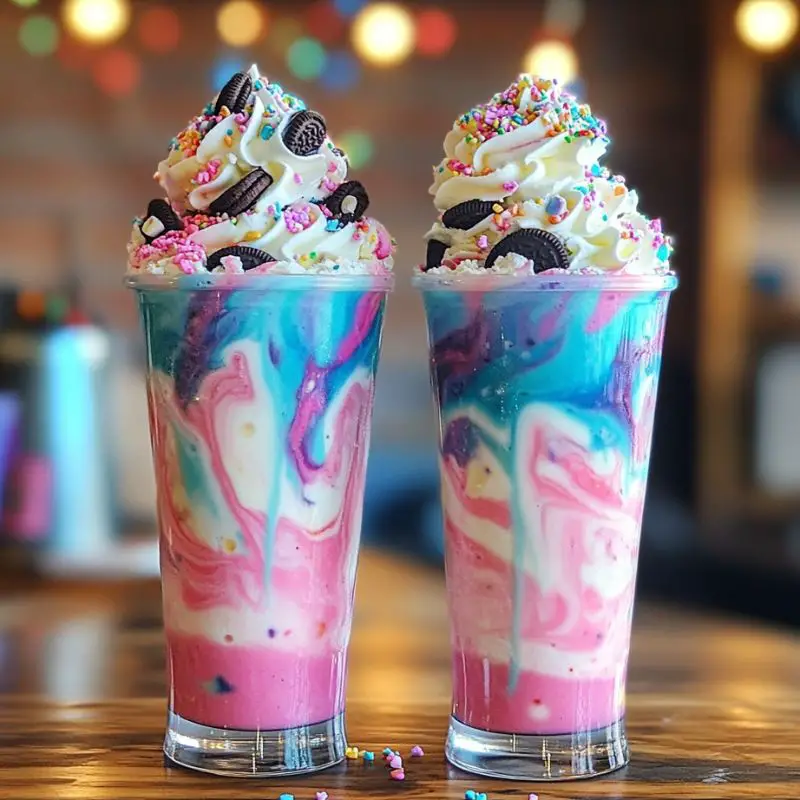 Colorful unicorn Oreo frappuccino with whipped cream and rainbow sprinkles