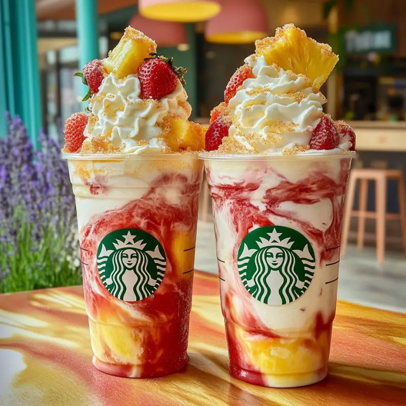 Swirled pineapple and strawberry frappuccino in a clear glass with whipped cream