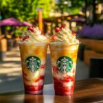 Swirled pineapple and strawberry frappuccino in a clear glass with whipped cream