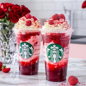 Vibrant red strawberry frappuccino with whipped cream and strawberry drizzle