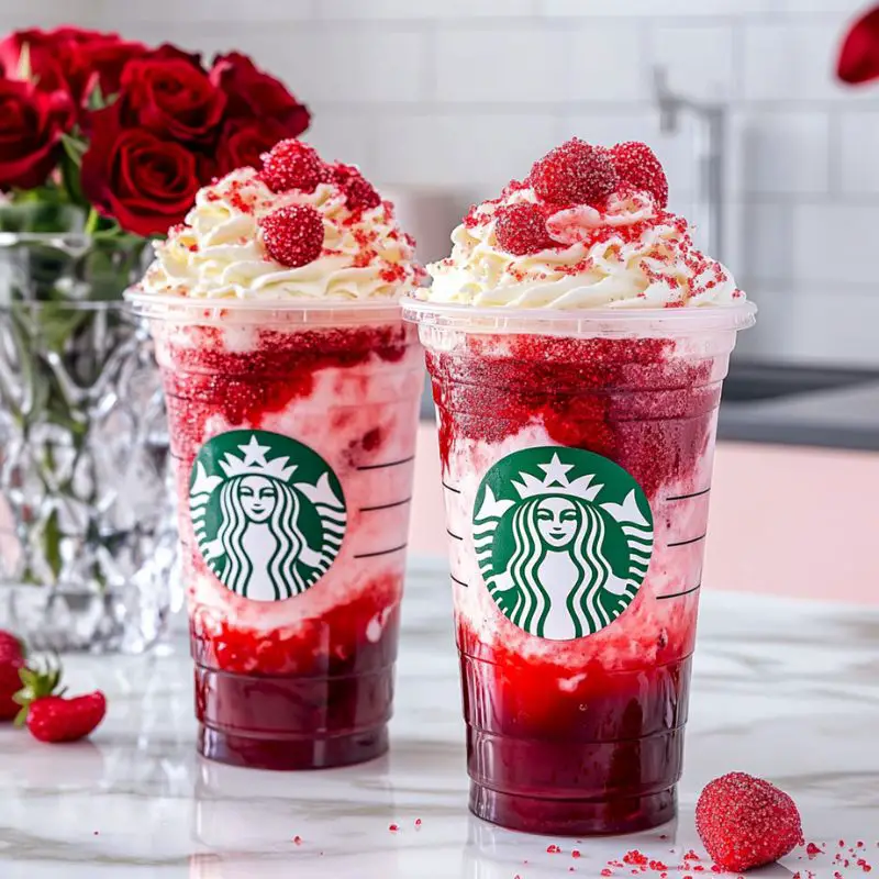 Vibrant red strawberry frappuccino with whipped cream and strawberry drizzle