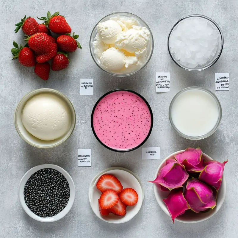 Ingredients used to prepare a creamy and fruity Dragon Strawberry Frappuccino at home