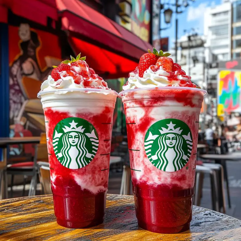 Vibrant red strawberry frappuccino with whipped cream and strawberry drizzle