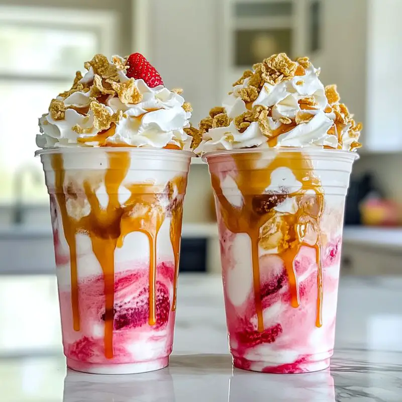 Creamy caramel white chocolate strawberry frappuccino with whipped cream and drizzles