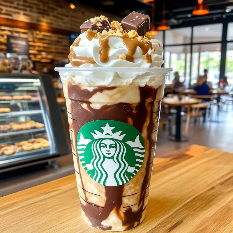 Creamy Reese’s peanut butter frappuccino with whipped cream and chocolate drizzle